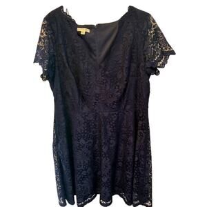 London Times Navy Lace V Neck Short Sleeve Fit and Flare Midi Dress - Size 18W